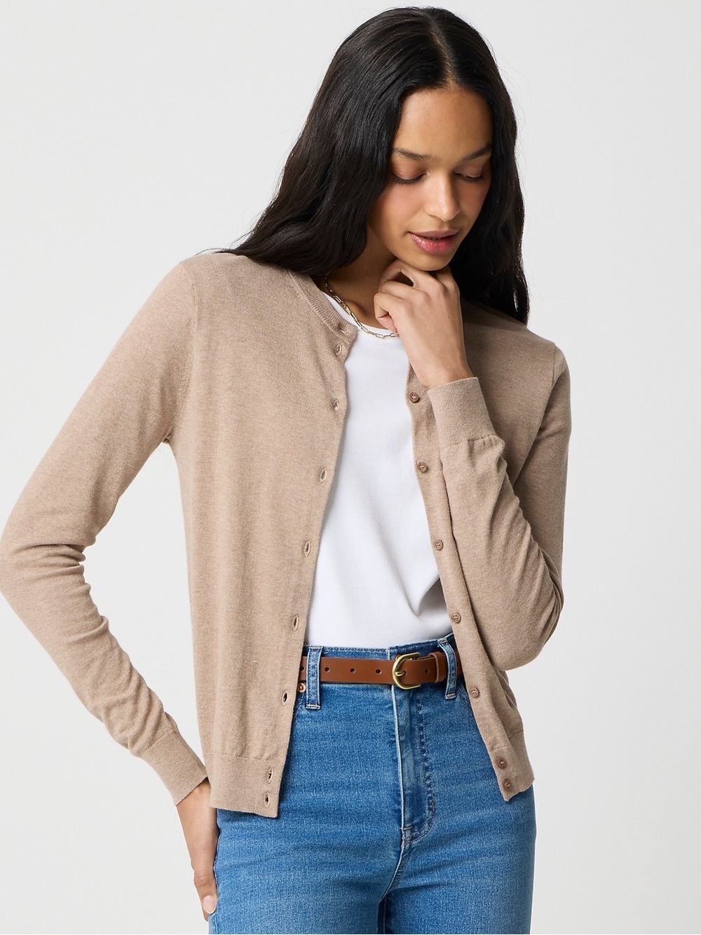 JCREW Classic Cotton Crewneck Cardigan Sweater Tan S NWT Cotton Lightweight Lux